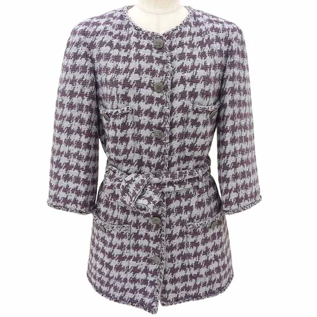 Chanel Tweed Belted Houndstooth Pattern Collarless Jacket #36 Purple/Gray in Purple Tweed from VINTAGE QOO TOKYO