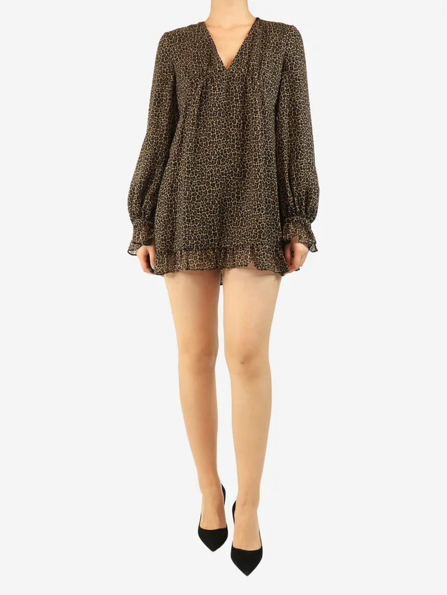 Saint Laurent Brown leopard print mini dress - size UK 10 in Brown Wool from Sign of the Times
