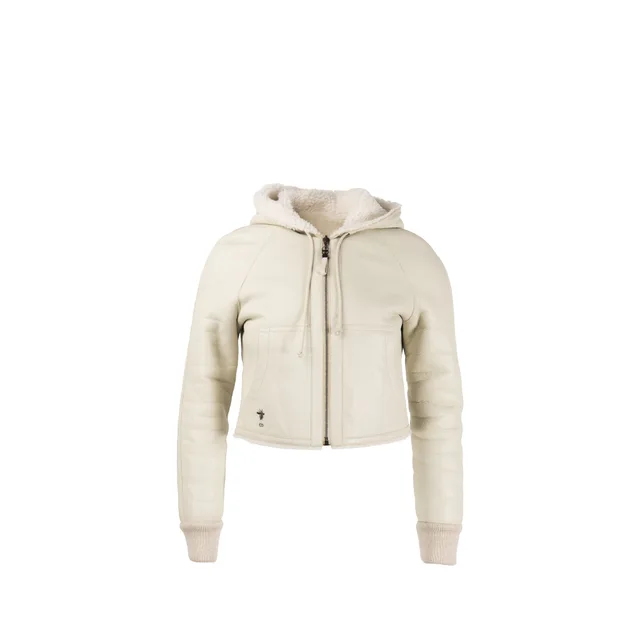 Dior Size 34 Cropped Hooded Shearling Jacket Lamb Fur Light Sage Green in Green from EMIER