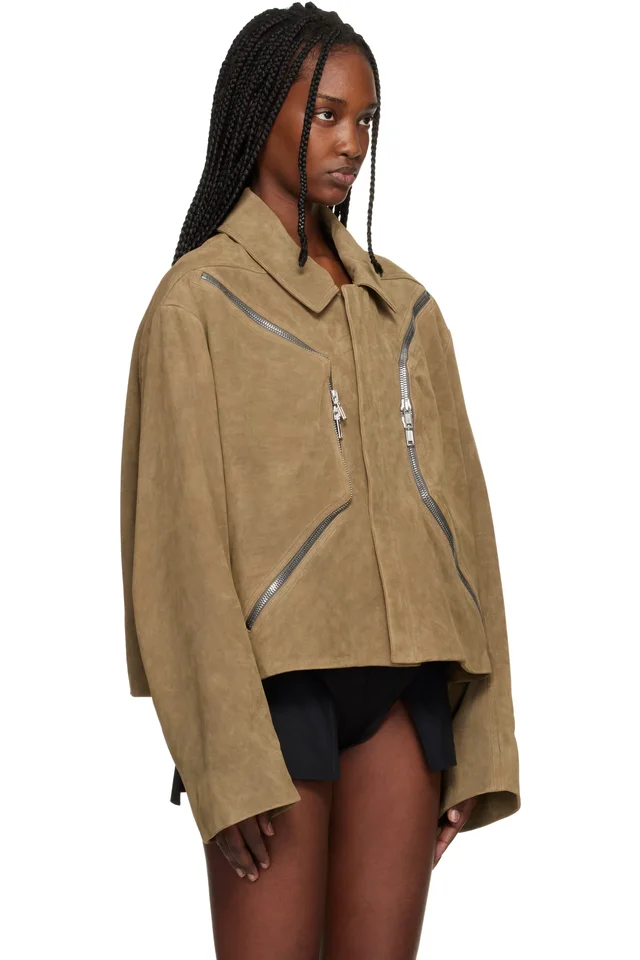 Rick Owens Beige Temple Heizer Mac Suede Jacket, photo 2 of 4 from SSENSE
