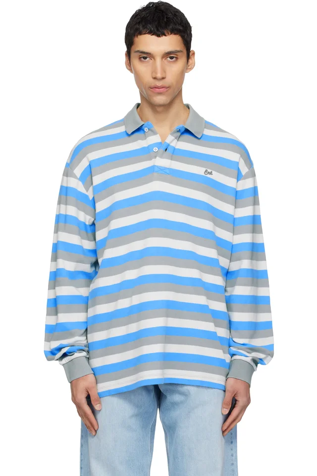 ERL Gray & Blue Striped Long Sleeve Polo, image 1 of 1 from SSENSE