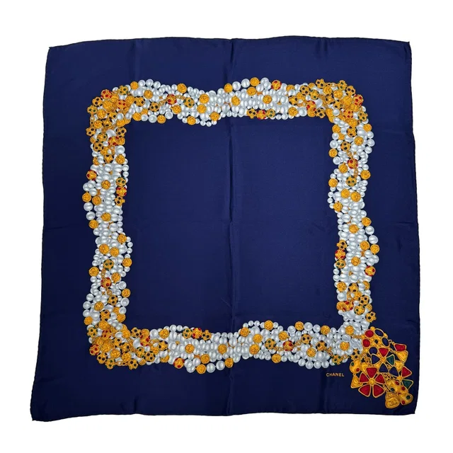 Chanel Vintage Scarf Gripoa Pattern Navy Silk in Navy Silk from Luxury Promise
