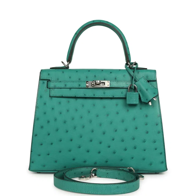 Hermès Kelly Sellier 25 Vert Verone Ostrich Palladium Hardware in Green Ostrich from Madison Avenue Couture