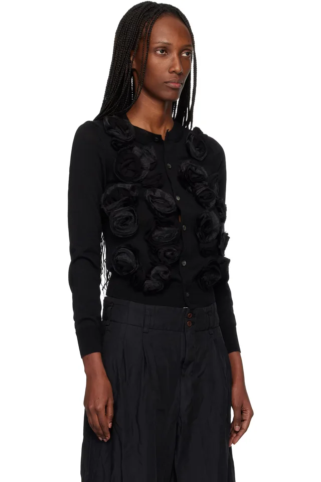 Comme des Garçons Comme des Garçons Black Lambswool Jersey X Flower Embroidery Cardigan, photo 2 of 4 from SSENSE