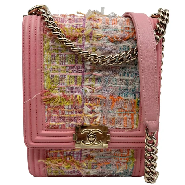 Chanel Boy Flap North South Tweed Shoulder Bag Pink in Pink Tweed from Dallas Designer Handbags