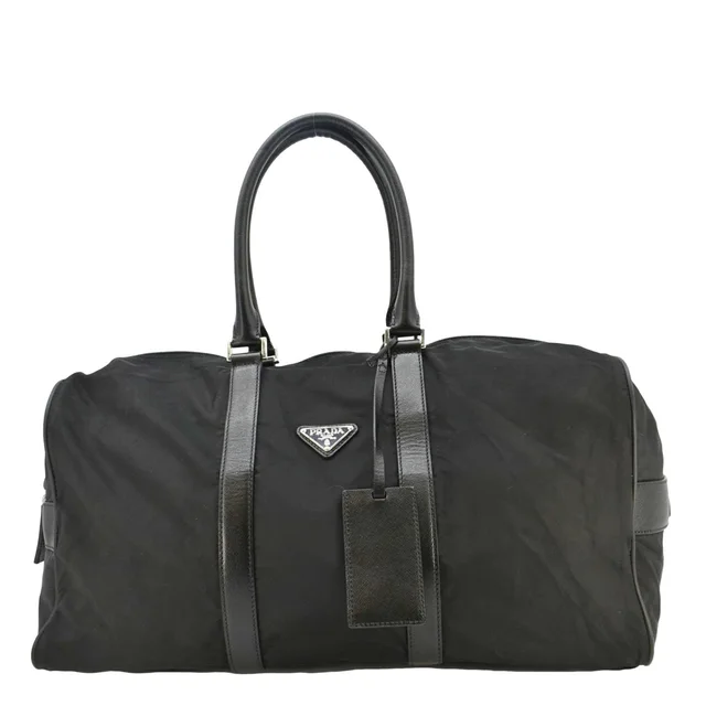 Prada Re-Nylon Saffiano Leather Viaggio Duffle Bag Black in Black Saffiano leather from Dallas Designer Handbags
