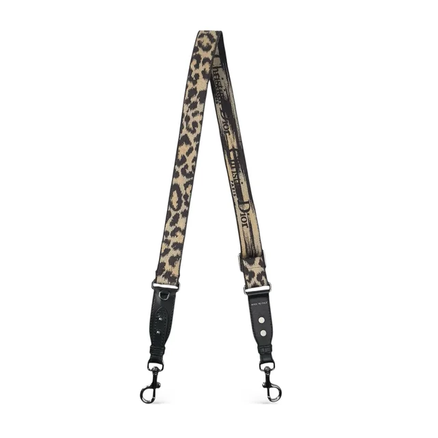 Dior Calfskin & Leopard Embroidered Canvas Shoulder Strap in Black Canvas & Leather from Designer Archives