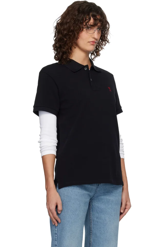AMI Paris Black Cotton Ami de Coeur Polo, photo 2 of 4 from SSENSE