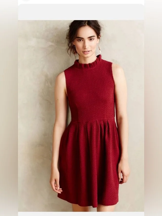 GANNI For Anthropologie Pinnacle Textured Cotton Dress In Burgundy In Size Large in red from Poshmark