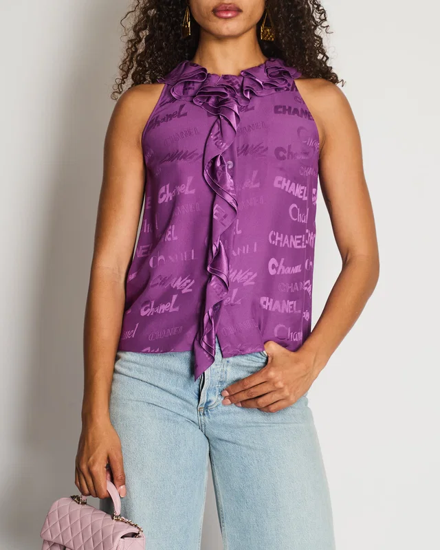 Chanel 22P Purple Silk Sleeveless Button Down Top with Ruffle Neckline and Logo Detail Size FR 38 (UK… in Purple Silk from Sellier