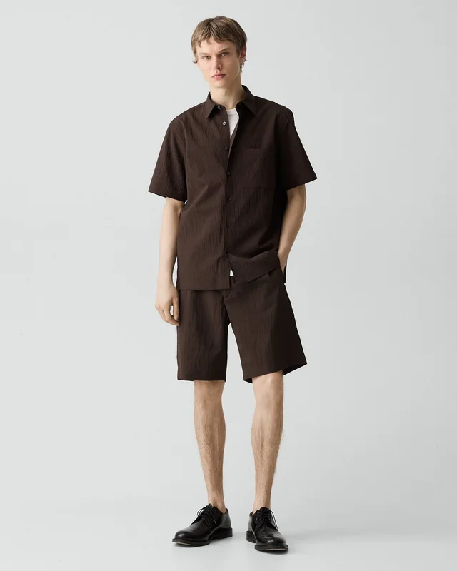 Theory Noll Short-Sleeve Shirt in Kelso Nylon in ESPRESSO BEAN, photo 13 of 14 from Theory