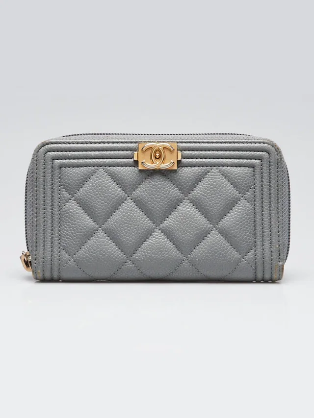 Chanel Grey Quilted Caviar Leather Boy Zippy Compact Wallet in Grey Caviar leather from Yoogis