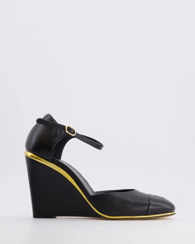 Chanel Black Leather Wedge Heels with CC Logo Detail and Gold Detailing Size EU 39 in Black Leather from Sellier
