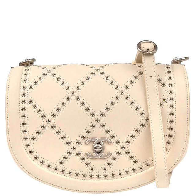 Chanel 2018 White Calfskin Coco Eyelets Round Flap Shoulder Bag in White Calfskin from AMORE Vintage Tokyo