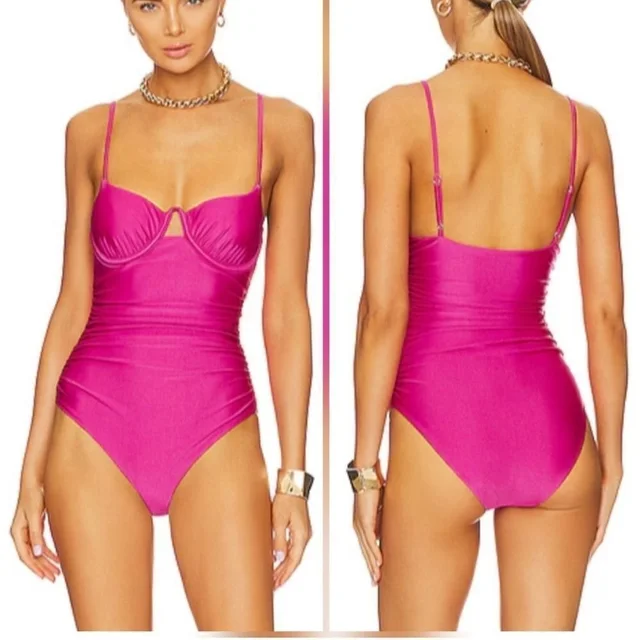 SIMKHAI Satin Ruched Cup Underwire Dragon Fruit Swimsuit- Size Medium in pink Satin from Poshmark
