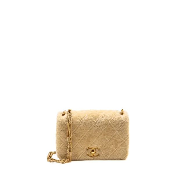 Chanel Shearling Quilted CC Logo Flap Bag in Beige Lambskin from EMIER