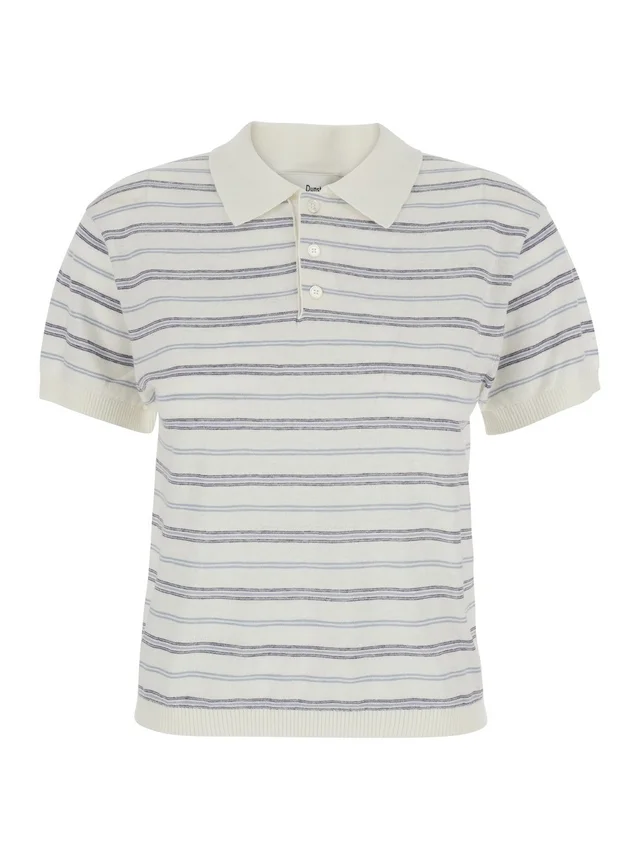 DUNST White Polo Shirt with classic collar and all-over striped motif in linen blend for women in White 55% Linen 45% Cotton, photo 2 of 6 from Gaudenzi Boutique