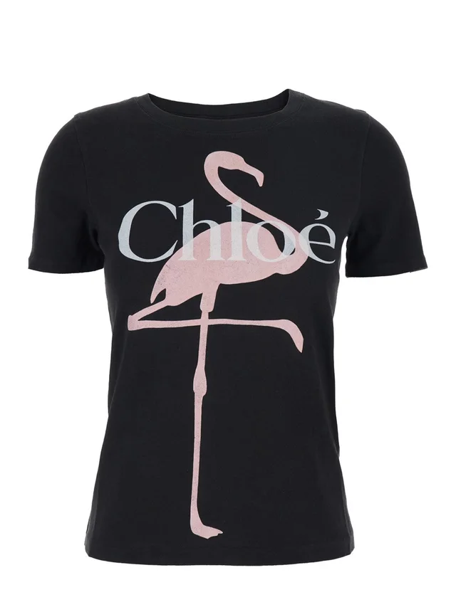 Chloé Black Crew Neck T-Shirt with Large Logo Print on the Front in Cotton for Women in Black 100% Cotton, photo 2 of 6 from Gaudenzi Boutique