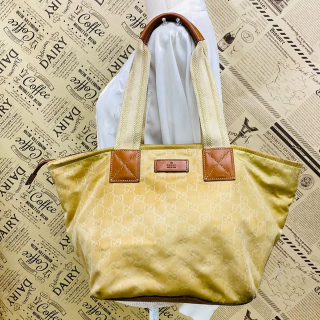 Gucci GG Canvas Tote Bag Webbing Line Nylon Beige GH 98 in Beige Canvas from The Reluxe
