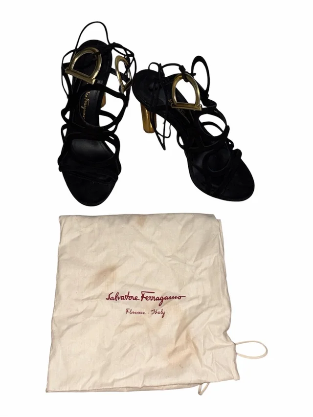 Ferragamo Black Suede Strappy Sandals With Gold Heel in black|gold Suede from Poshmark