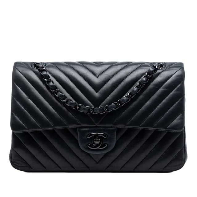 Black Chanel Medium Classic Chevron Lambskin So Black Double Flap Shoulder Bag in Black Lambskin from Designer Revival