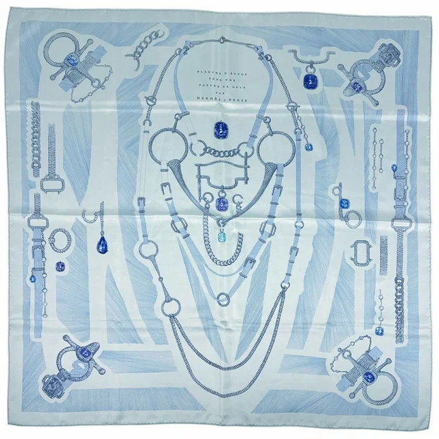 Hermès Carte 90 Study for a Gala Set (Parure) Formal Silk Scarf Light Blue in Blue Silk from The Reluxe