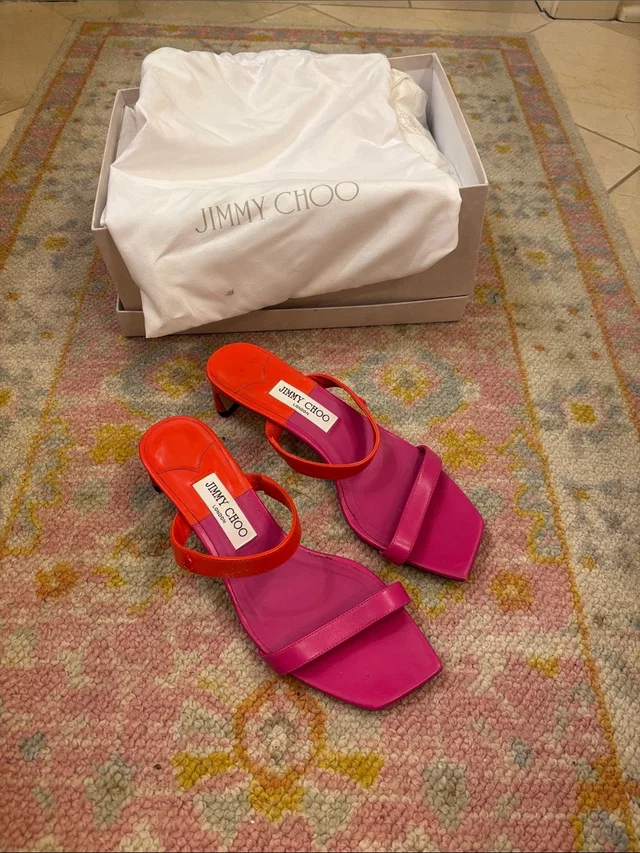 Jimmy Choo Pink And Orange Strappy Mid-Heel Sandals in pink|orange Leather from Poshmark