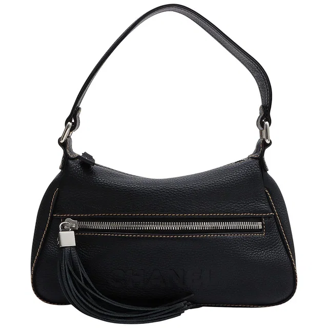 Chanel Caviar Skin Logo Embossed Tassel Shoulder Bag Black, circa 2001 in Black Caviar leather from VINTAGE QOO TOKYO