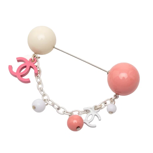 Silver Chanel Silver Plated Resin CC Charm Pin Brooch in Silver Resin from Designer Revival