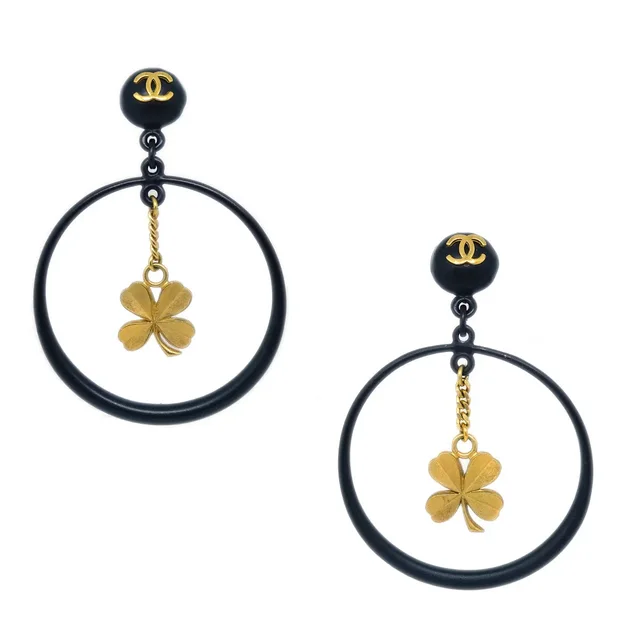 Chanel Black Clover Hoop Dangle Earrings Clip-On 94C in Black Resin from AMORE Vintage Tokyo
