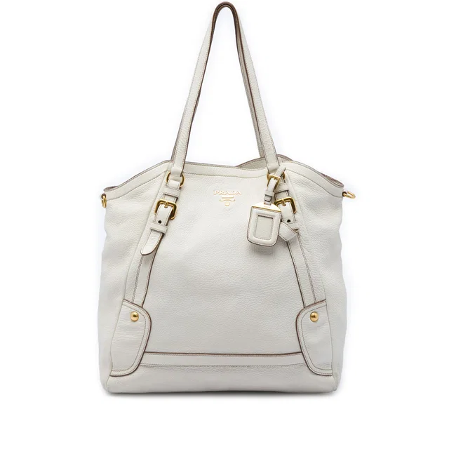 White Prada Vitello Daino Convertible Tote Satchel in White Leather from Designer Revival