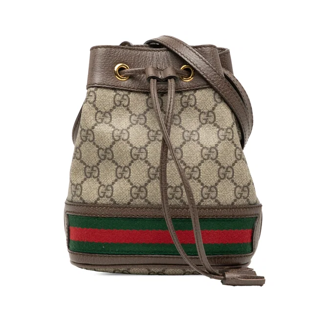 Beige Gucci Mini GG Supreme Web Ophidia Bucket Bag in Beige Coated canvas from Designer Revival