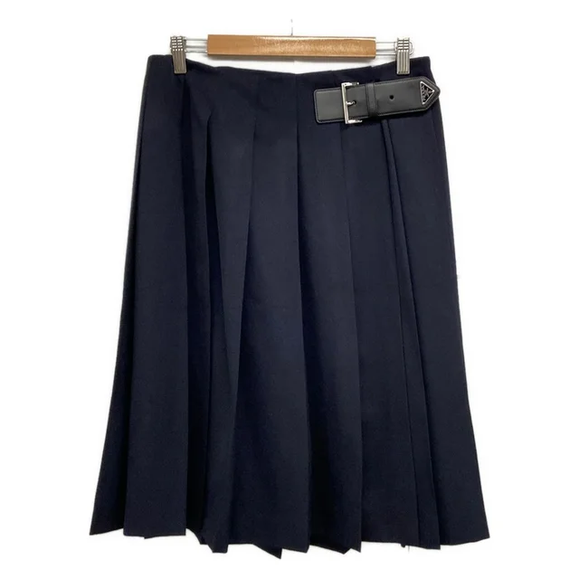Prada Skirt M Dark Navy Knee-Length Pleats Wool in Navy Wool from The Reluxe