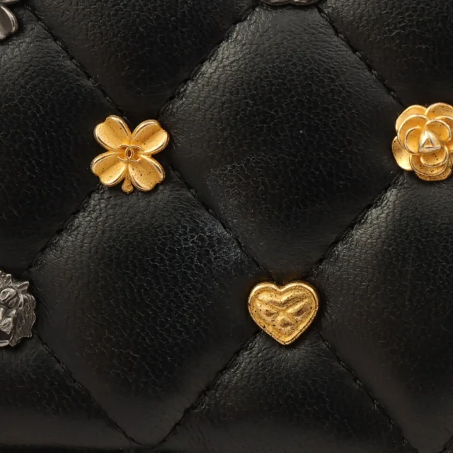 Chanel Around 2018 Made Studded Icon Lucky Charm Classic Flap Chain Bag Black in Black Lambskin from VINTAGE QOO TOKYO, photo 12 of 13