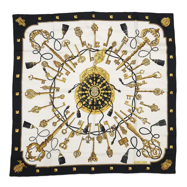 Hermès Carre LES CLES Key Size 90 Black/White/Gold Silk100% in Black from GALLERY RARE