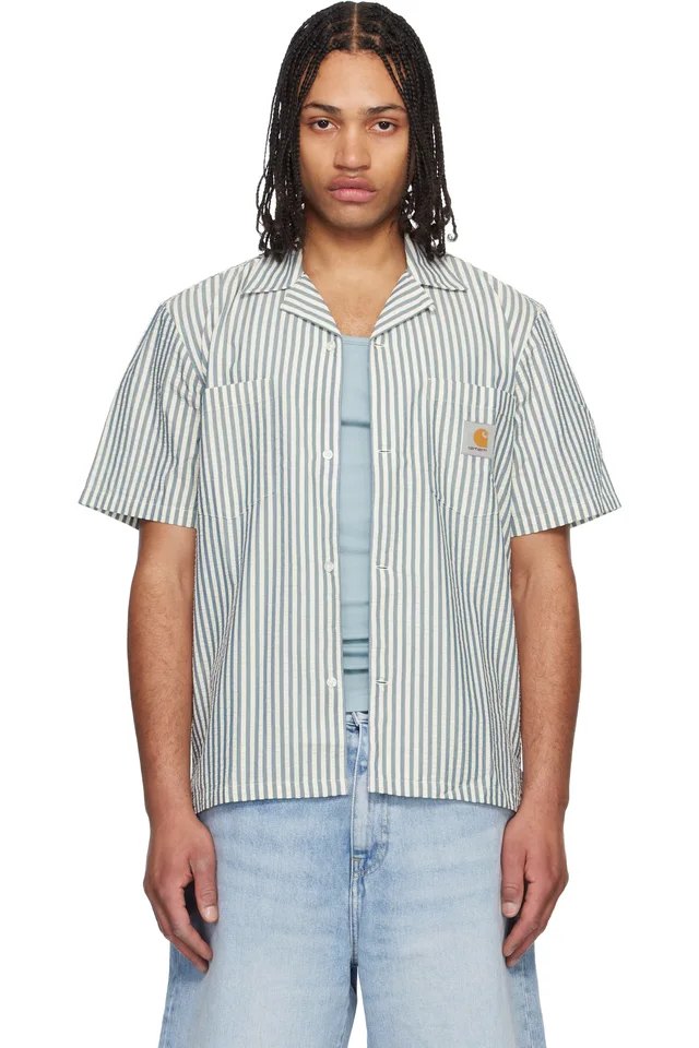 Carhartt Work In Progress Blue & White Short Sleeve Leavel Stripe Shirt, image 1 of 1 from SSENSE