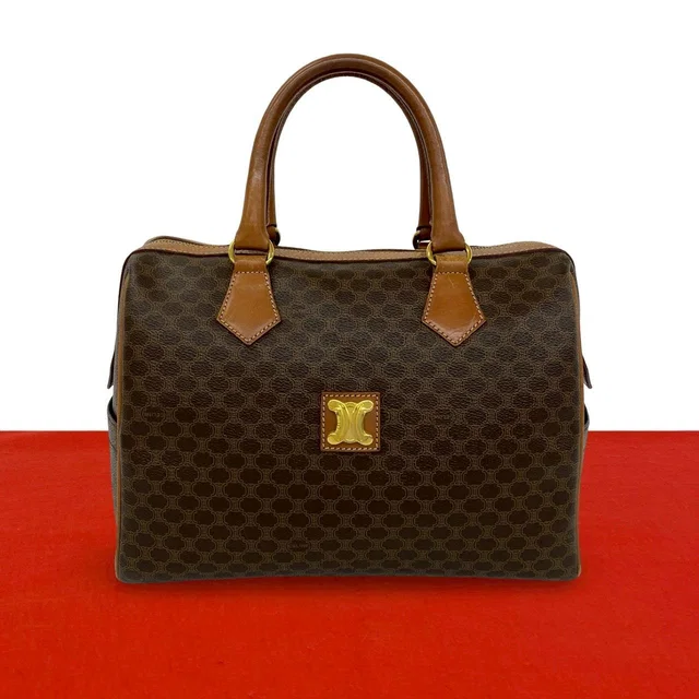 Celine Vintage Macadam Pattern Triomphe Logo Leather Boston Bag Brown in Brown Leather from The Reluxe