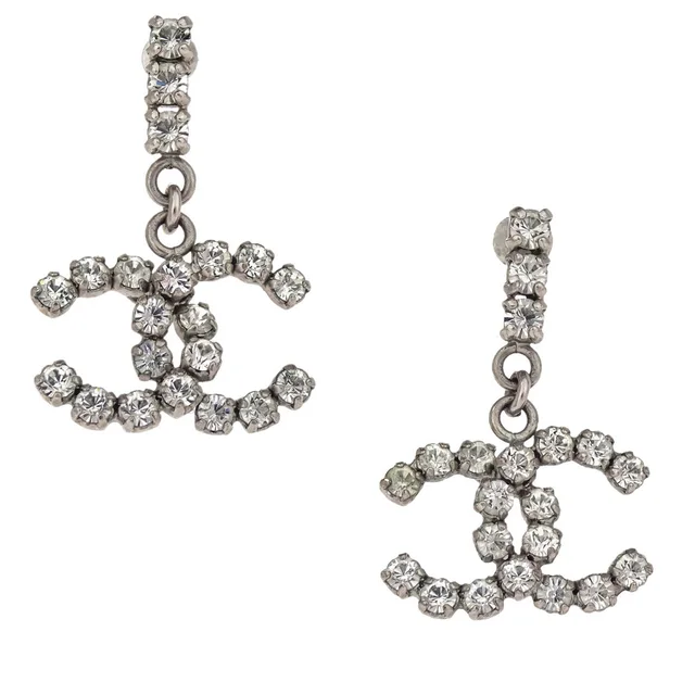 Chanel CC Dangle Pierced Earrings Silver Rhinestone 00A in Silver from AMORE Vintage Tokyo