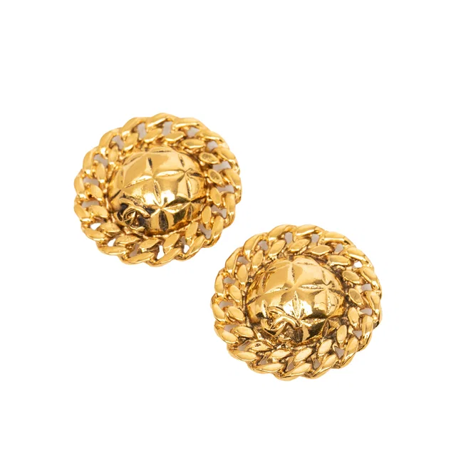 Gold Chanel CC Gold Plated Quilted Chain Trim Clip On Earrings in Gold from Designer Revival