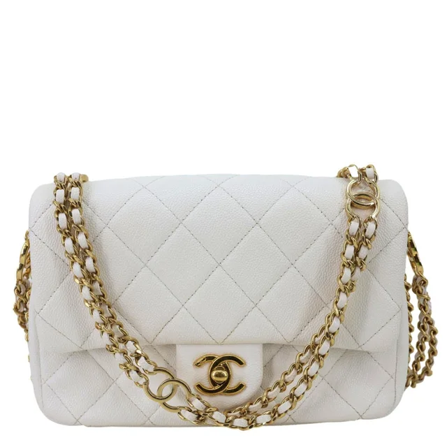 Chanel CC Double Chain Flap Quilted Caviar Leather Shoulder Bag White in White Caviar leather from Dallas Designer Handbags
