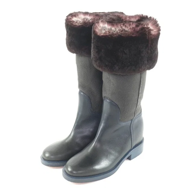Chanel CC Logo Embroidered Leather Rabbit Fur Long Boots Brown Navy 35.5 in Brown Leather from The Reluxe