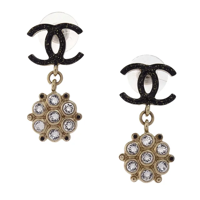 Chanel CC Dangle Pierced Earrings Gold Black Rhinestone B19B in Black from AMORE Vintage Tokyo