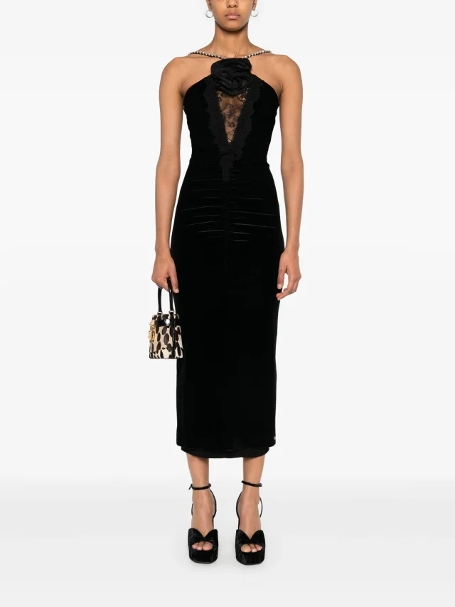 NISSA floral-appliqué velvet midi dress, photo 2 of 2 from FARFETCH