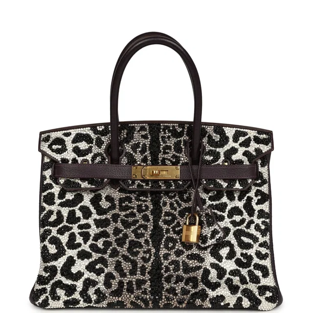 Custom Leopard Swarovski Crystal Hermes Birkin 30 Raisin Togo Gold Hardware in Togo leather from Madison Avenue Couture