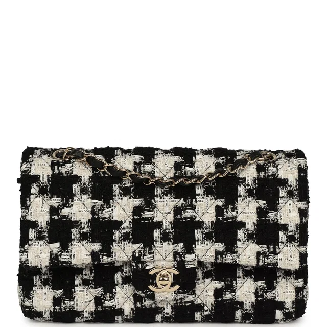 Chanel Medium Classic Double Flap Bag Black, White, Tweed Light Gold Hardware in Black Tweed from Madison Avenue Couture