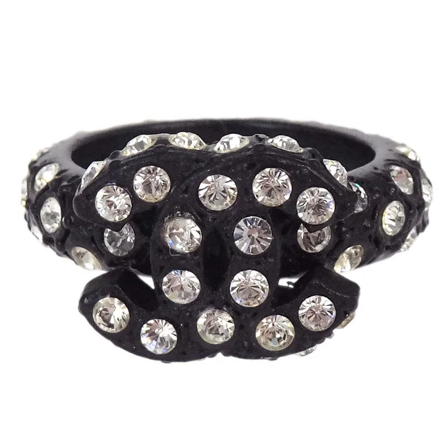 Chanel Ring Black Acrylic Rhinestone #53 02A in Black Resin from AMORE Vintage Tokyo