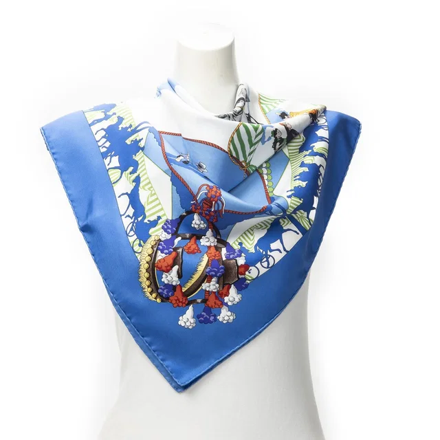 Hermès Scarf Blue White Green 100% Twillsilk in White Silk from The Reluxe