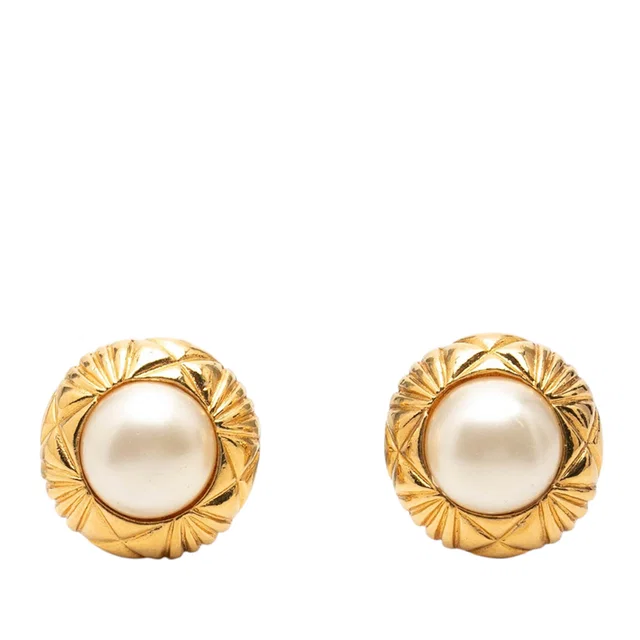 Gold Chanel CC Gold Plated Quilted Faux Pearl Clip On Earrings in Gold from Designer Revival