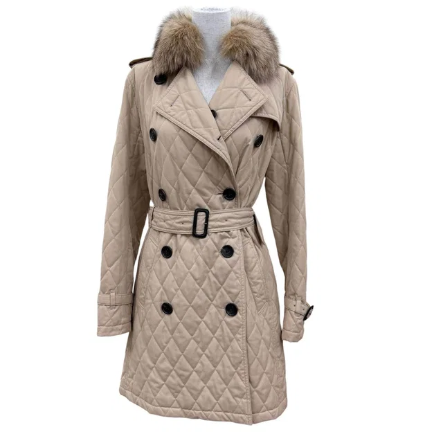 Burberry London Blue Fox Fur Polyester Quilted Coat in Blue Leather from LuxUness
