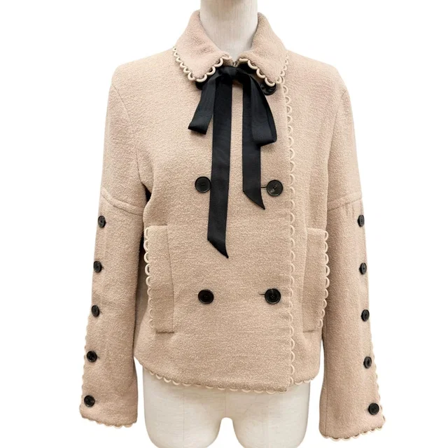 Dior Logo Button Scalloped Edge Bow Pea Jacket Beige 40 in Beige Silk from The Reluxe